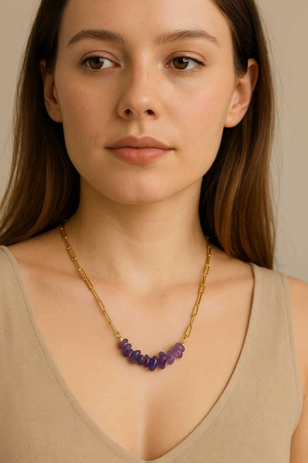 Collar de Amatista con Cadena Bañada en Oro – Protección y Energía Positiva