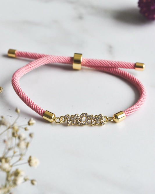 Pulsera Rosada Ajustable MOM con Circones | Regalo Día de la Madre