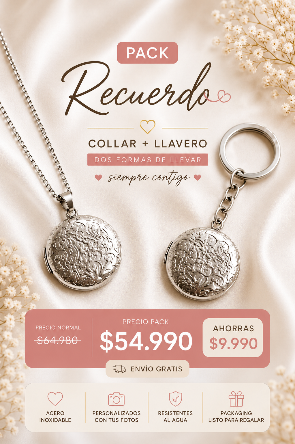 Pack Recuerdo: Collar Relicario + Llavero Personalizado