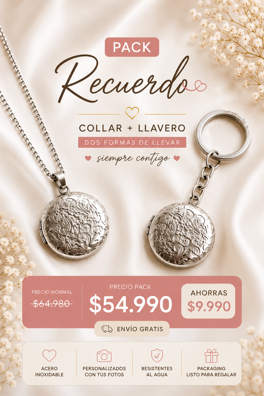 Pack Recuerdo: Collar Relicario + Llavero Personalizado