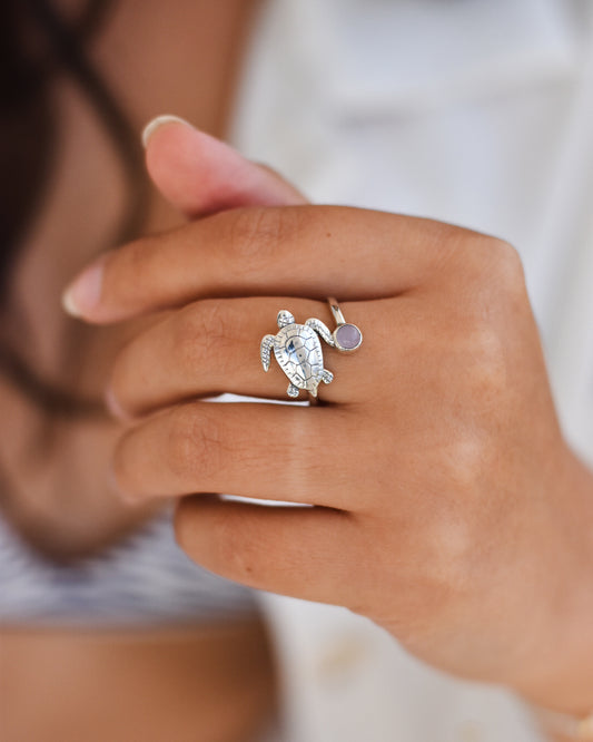 Anillo Tortuga con Cuarzo Rosado en Plata 925 Tailandesa