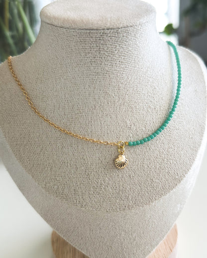 Set Collar y Pulsera Turquesa con Conchita – Estilo Playero y Cadena Bañada en Oro