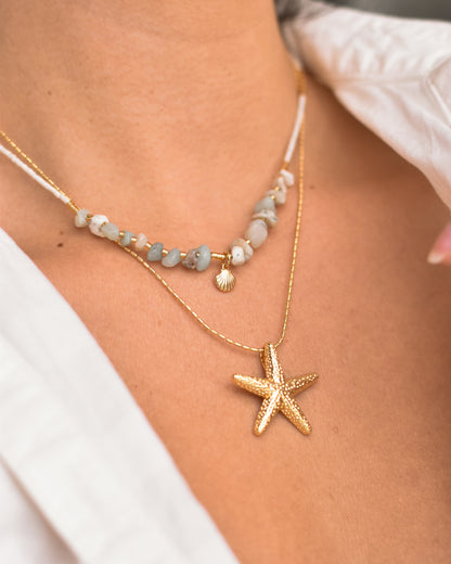 Collar Conchita Dorada – Amazonita y Mostacillas Blancas