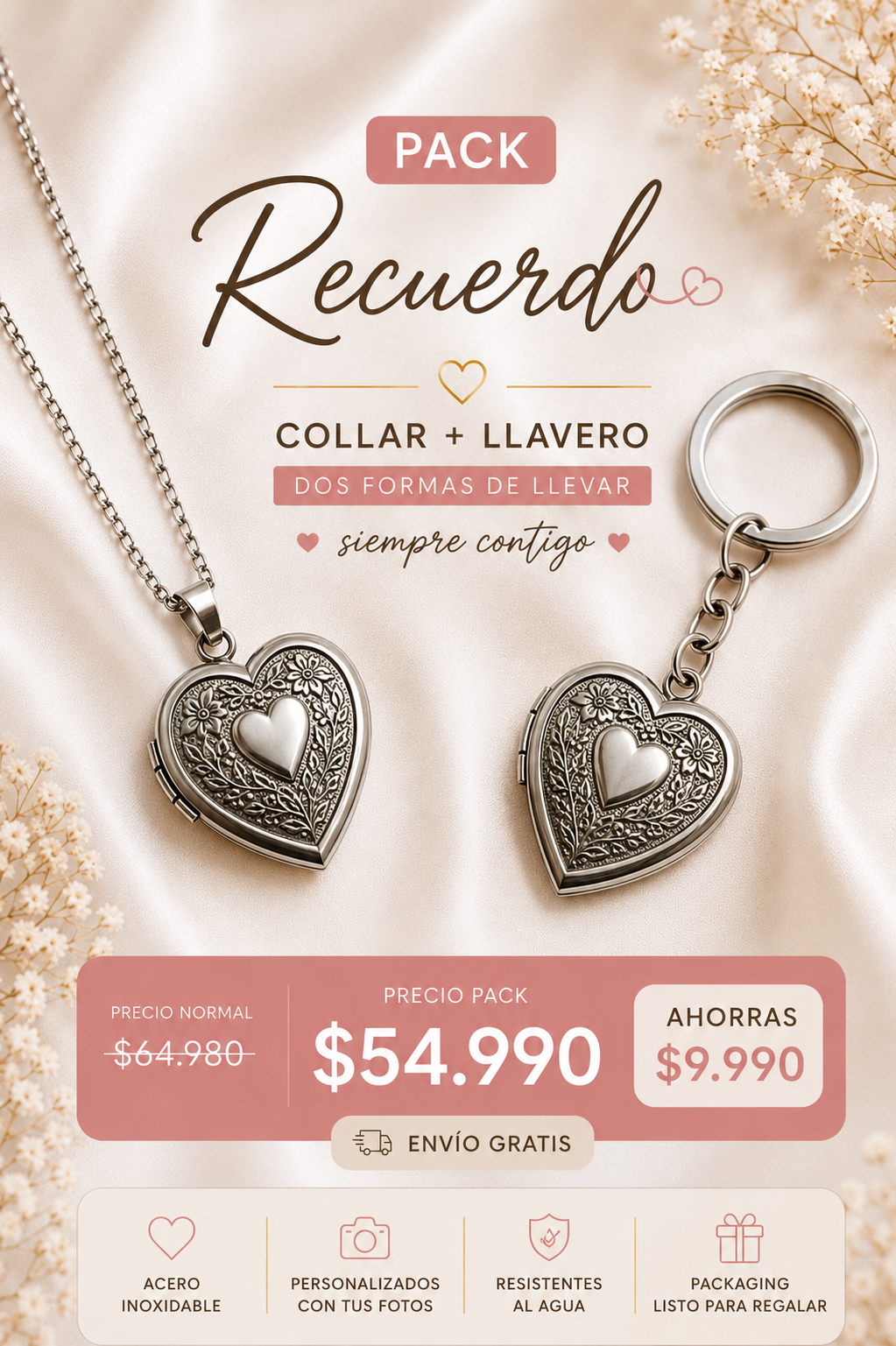 Pack Recuerdo Corazón: Collar Relicario + Llavero Personalizado