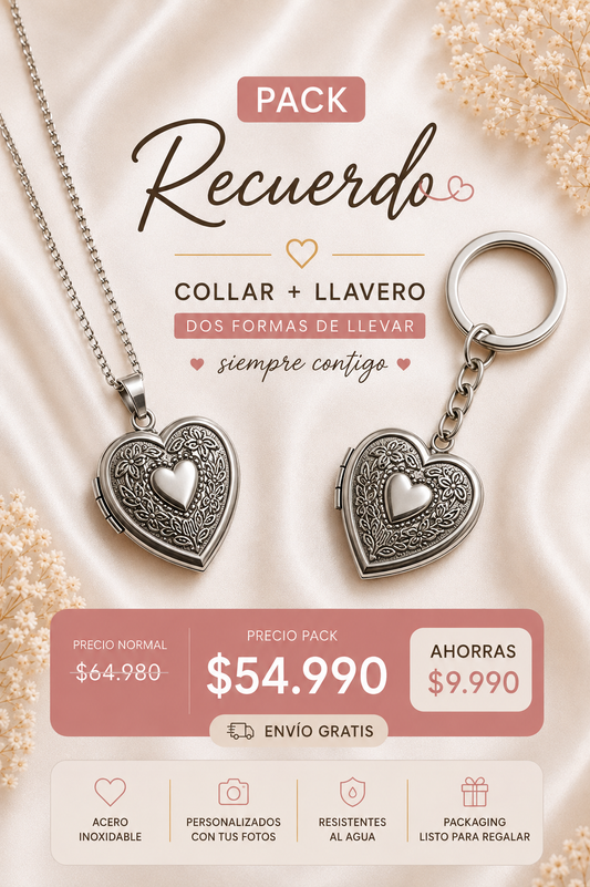 Pack Recuerdo Corazón: Collar Relicario + Llavero Personalizado