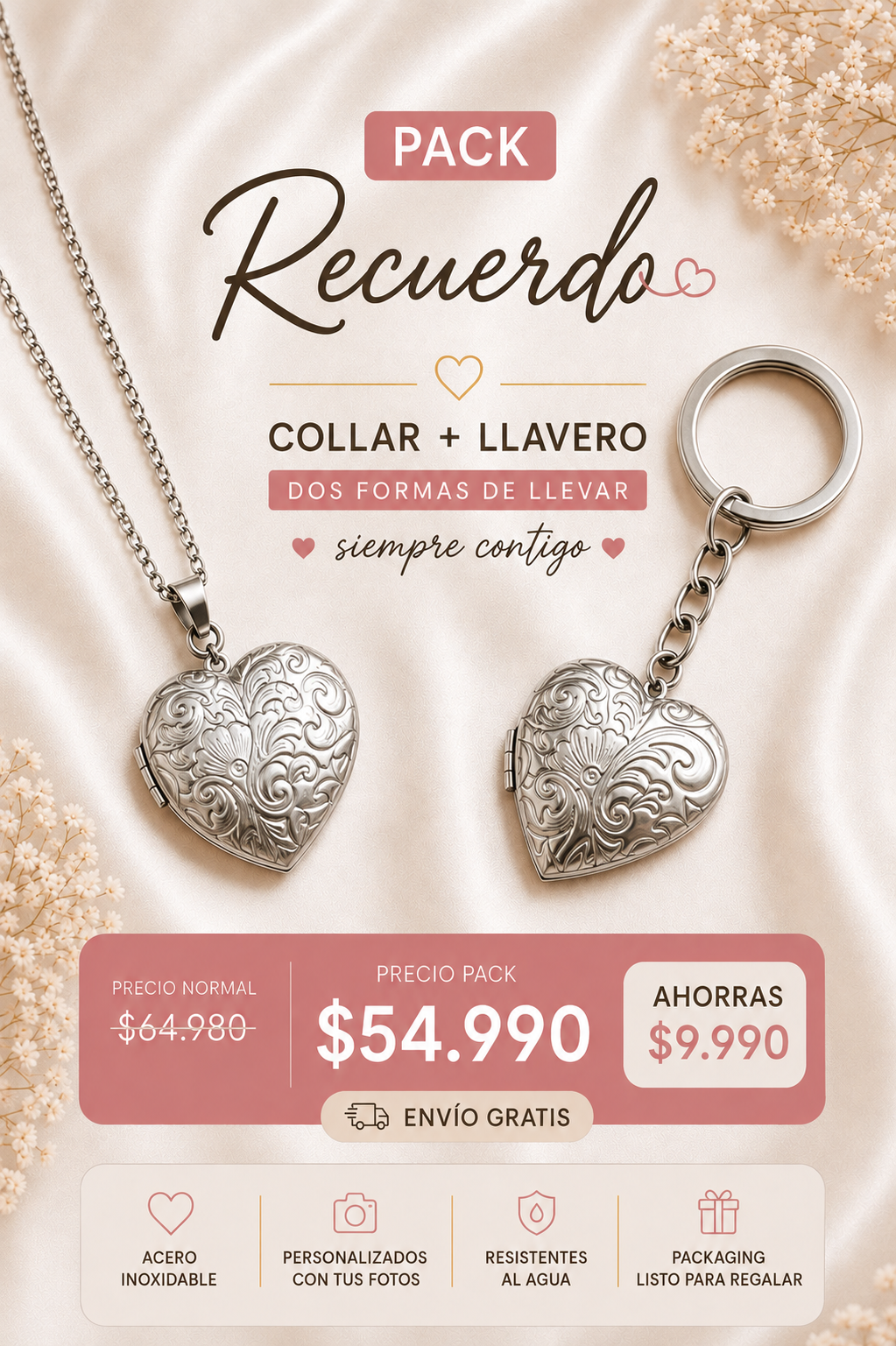 Pack Recuerdo Susurro Floral: Collar Relicario + Llavero Personalizado