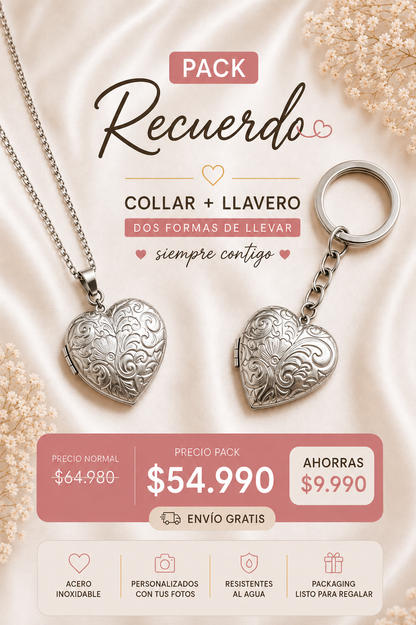 Pack Recuerdo Susurro Floral: Collar Relicario + Llavero Personalizado
