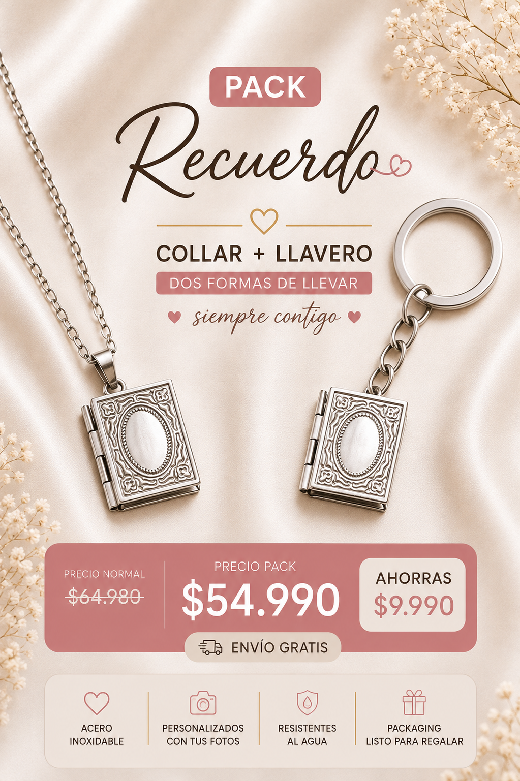 Pack Libro de Recuerdos: Collar Relicario + Llavero Personalizado