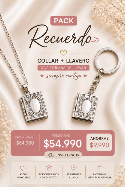 Pack Libro de Recuerdos: Collar Relicario + Llavero Personalizado