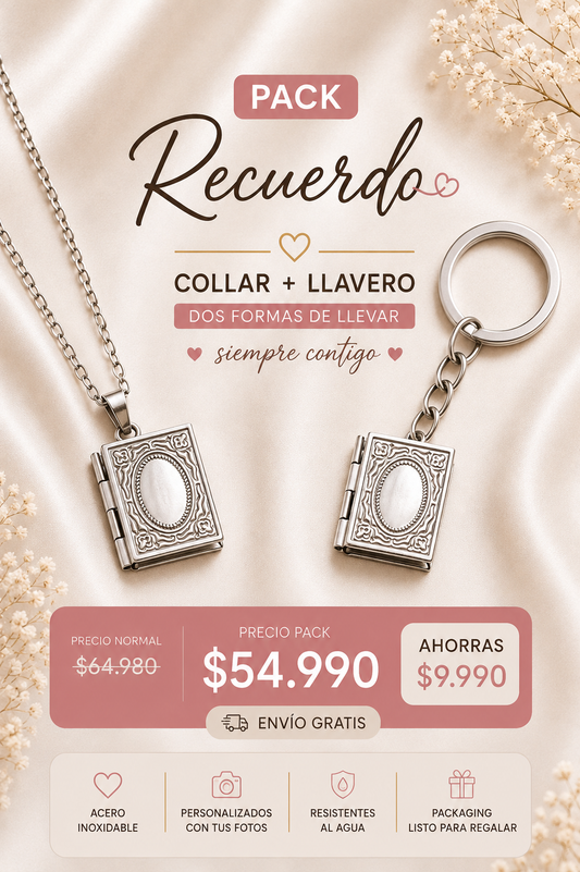 Pack Libro de Recuerdos: Collar Relicario + Llavero Personalizado